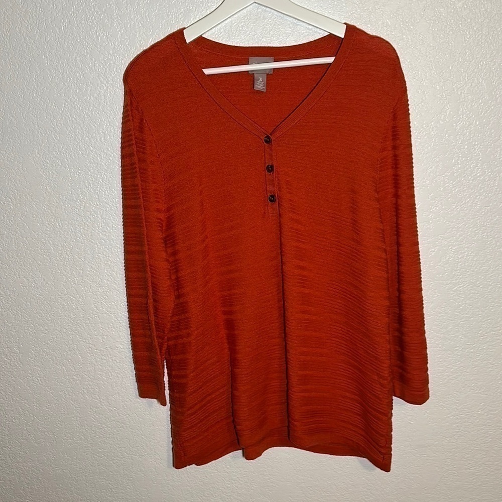 Chico’s Burnt Orange Henley Sweater Textured Stripes Size 3 (XL)